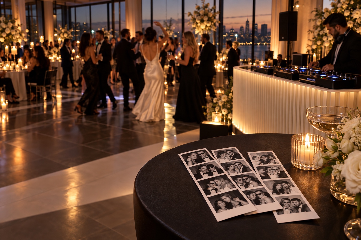 Photo booth print strips beside a sleek DJ booth at a candlelit modern wedding reception